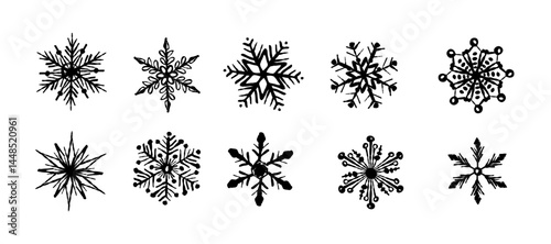 Collection of minimalist black and white snowflakes, hand-drawn in a doodle style vector illustration. Sticker, holiday cards, seasonal decor design elements