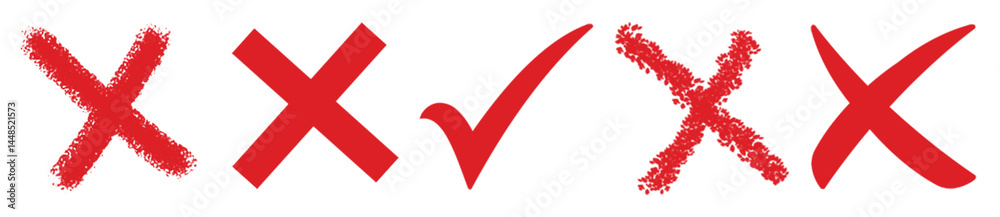 Red Hand Drawn Check Marks and Crosses on Transparent Background. Red Brush Stroke X and Check Mark Icons Set Red Hand Drawn Check Marks and Crosses on Transparent Background. Red Brush Stroke X and Check Mark Icons Set