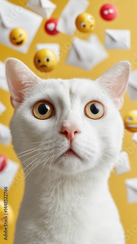 Digital Emotional Intelligence Expressive White Cat Navigating Social Media Overload with Playful Gen Z Aesthetic - Viral Content and Millennial Communication Trends
