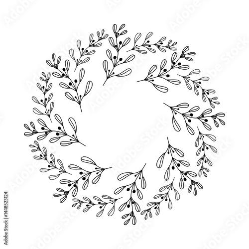 Vector illustration of a circular wreath made of doodle style branches in a loose hand drawn design, isolated on white background.