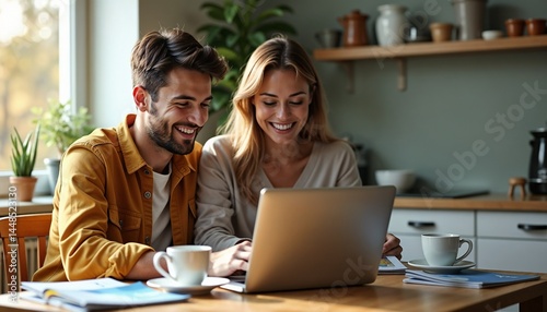 Happy couple booking airline tickets at home on laptop  