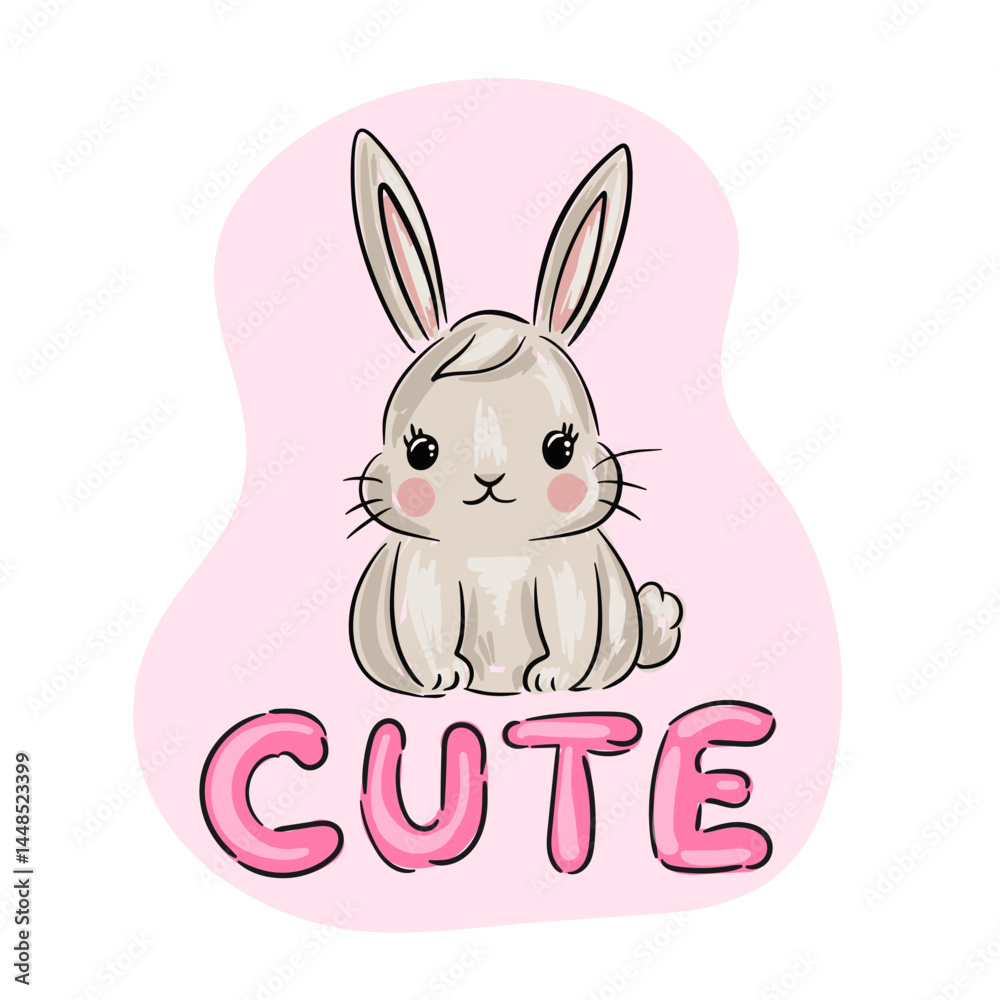 Obraz premium Cartoon bunny illustration with pink cheeks and cute text on pink background. Vector illustration