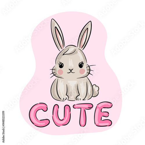 Cartoon bunny illustration with pink cheeks and cute text on pink background. Vector illustration