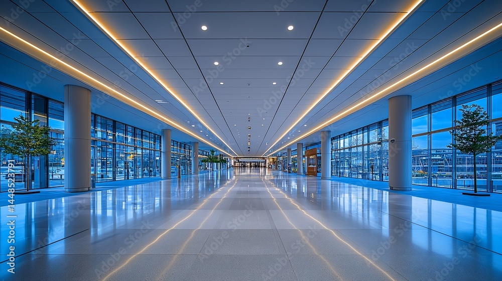 Fototapeta premium Empty modern hallway with large windows, showcasing architectural design and sleek interior