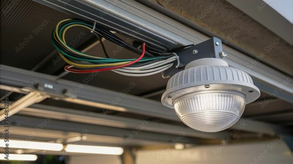 Closeup of a motion sensor light fixture glistening under artificial garage lighting with wires neatly bundled and secured for installation.