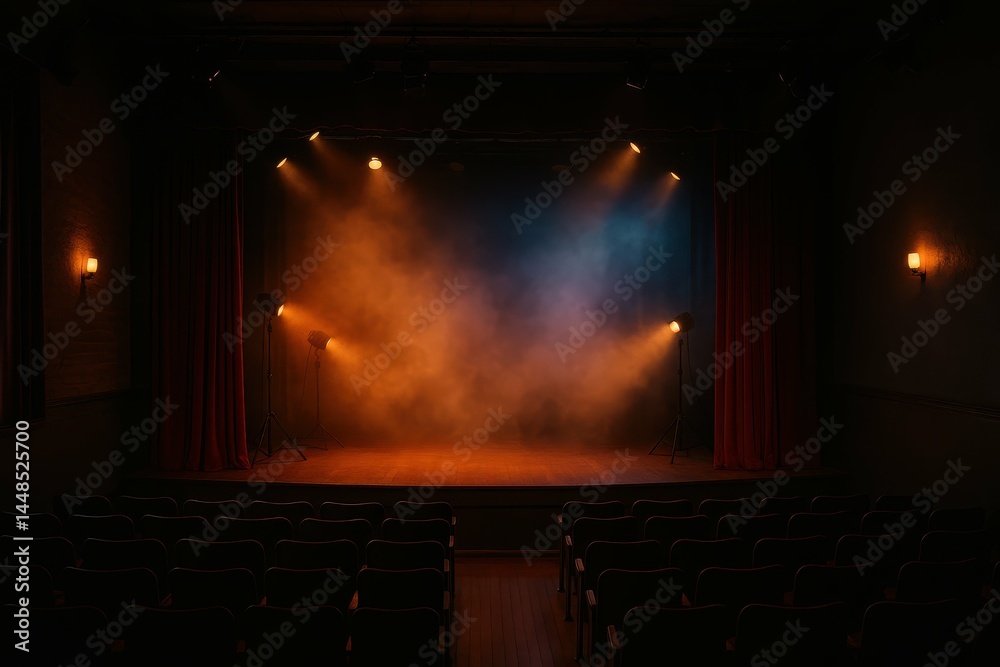 Cozy Dusk Ambiance in an Empty Theater Stage with Dramatic Lighting