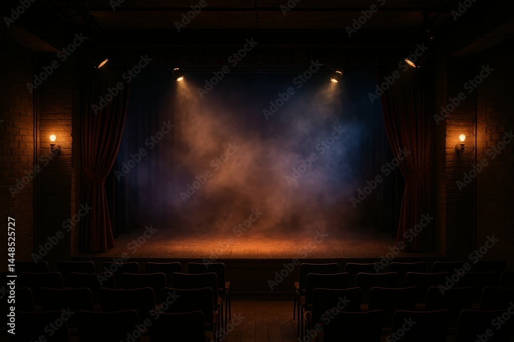 Dusk Ambiance in a Theater with Warm Lighting and Dramatic Stage