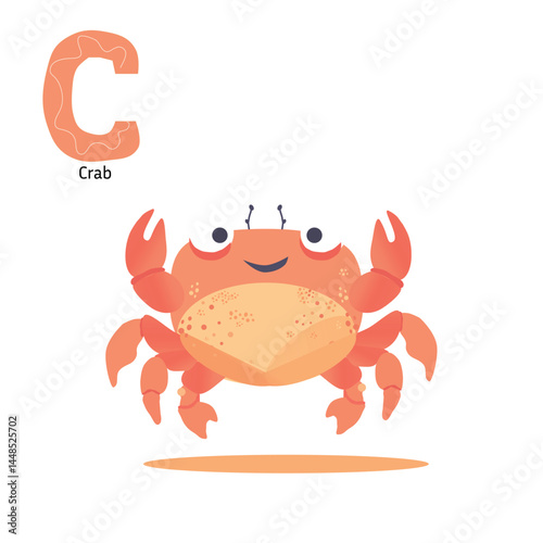 Letter C with cartoon crab cute character flat vector illustration,for the design of postcards, books, leaflets,poster, banners, birthday invitations. 