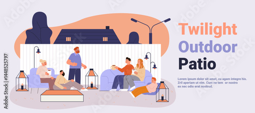 Twilight outdoor patio gathering people relaxing sofas lanterns cozy evening backyard house trees soft colors modern website banner