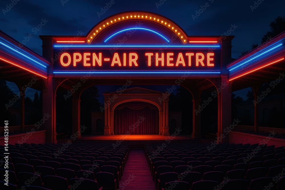 Open-Air Theatre Illuminated with Neon Lights at Night