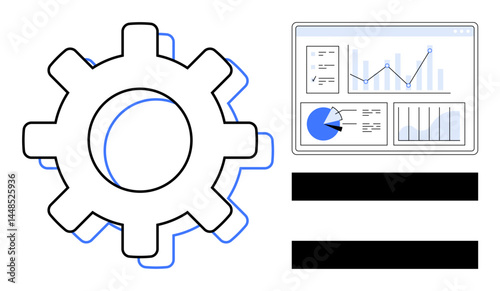 Gear adjacent to analytics dashboard with charts, graphs, and diagrams. Ideal for automation, technology, process improvement, data analytics, business intelligence, operations simple landing page