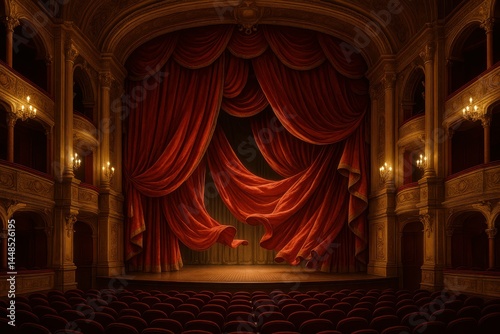 Obraz na płótnie Ornate Red Curtain in Grand Theater During Intermission Light w salonie