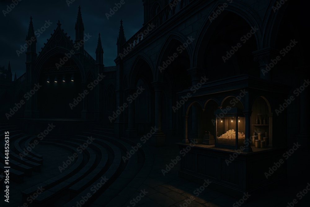 Mysterious Gothic Amphitheater at Night with Glowing Elements