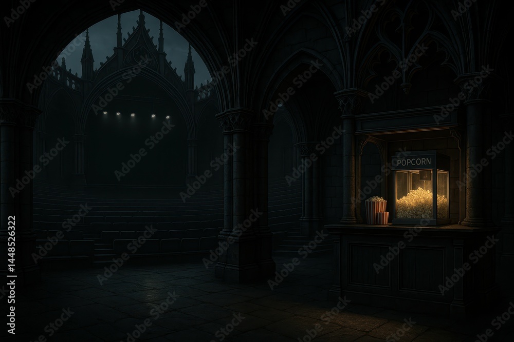Gothic Amphitheater with Popcorn Stand in Dim Glow Lighting