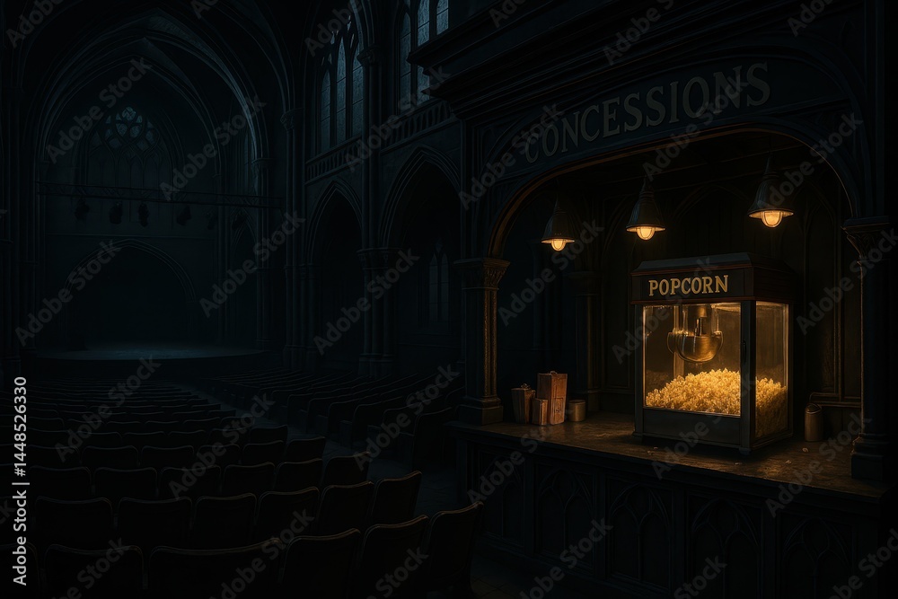 Gothic Amphitheater Concession Stand with Glowing Popcorn Machine