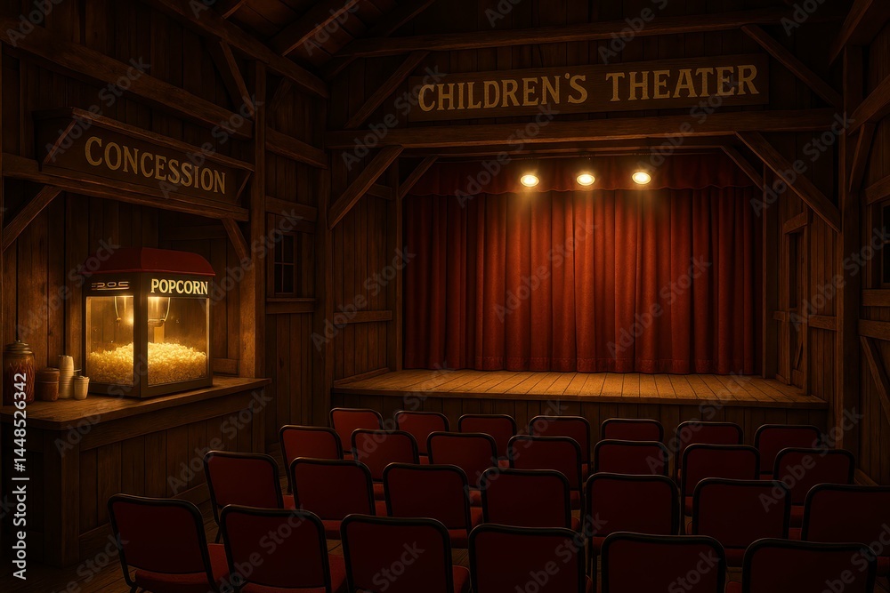 Rustic Children’s Theater Interior with Concession Stand and Seats