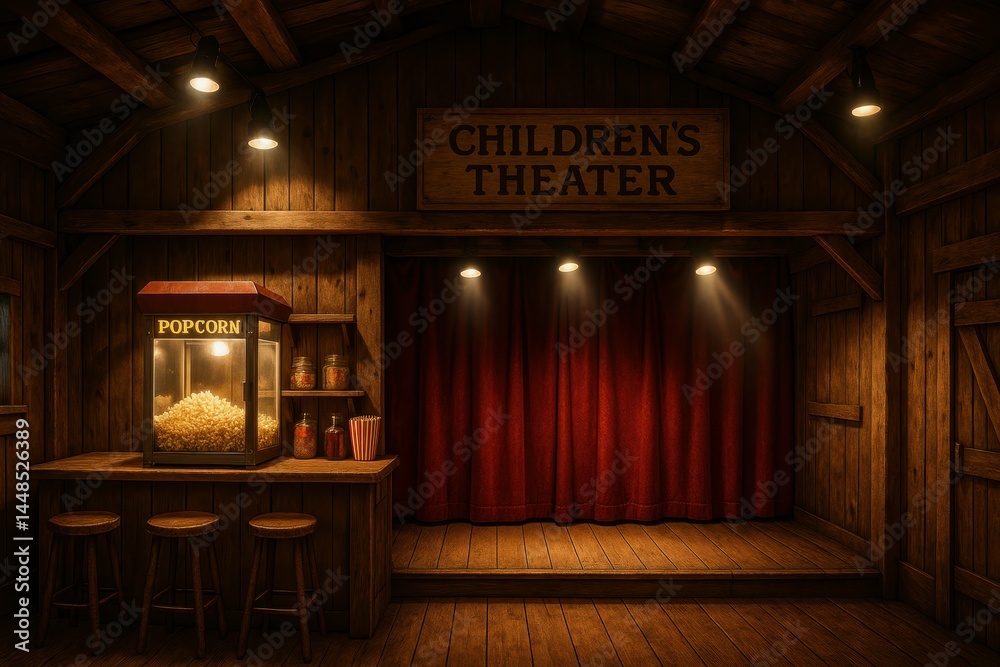 Cozy Rustic Children's Theater with Popcorn Stand and Red Curtain
