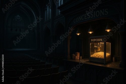 Obraz na płótnie Gothic Amphitheater Concession Stand with Glowing Popcorn Machine w salonie