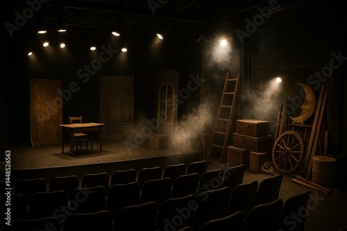 Obraz na płótnie Backstage Theater Atmosphere with Simple Props and Lighting Effects w salonie