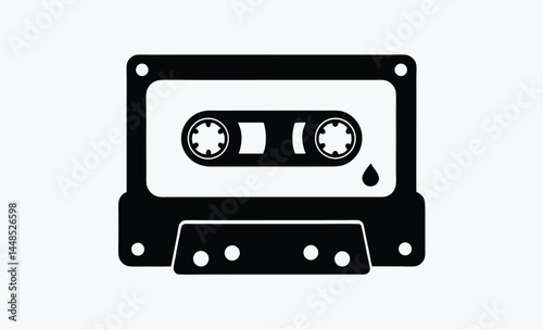 Cassette tape silhouette, retro audio icon, vintage music media, black tape illustration, old school cassette design