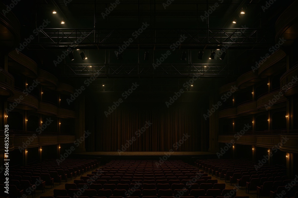 Dimmed Theater Stage with Empty Audience Chairs and Catwalk