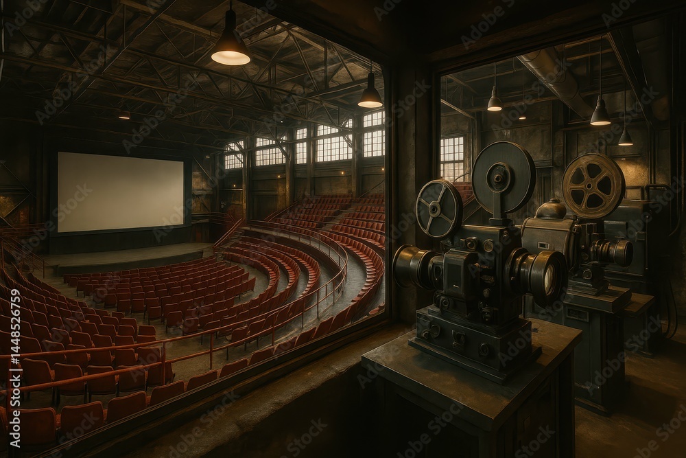 Industrial Amphitheater Interior with Film Projector and Empty Seats