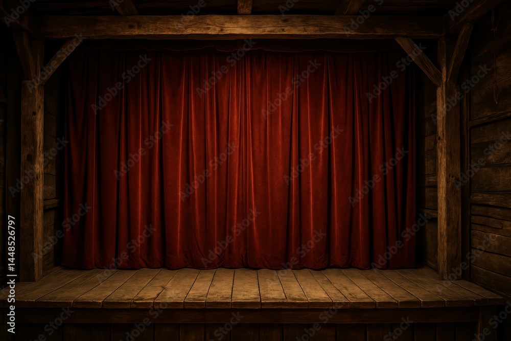 Rustic Stage Setting with Red Curtains and Wooden Details