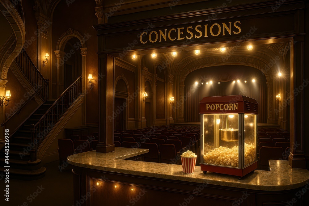 Historic Playhouse Night Scene with Popcorn Stand at Concession Area