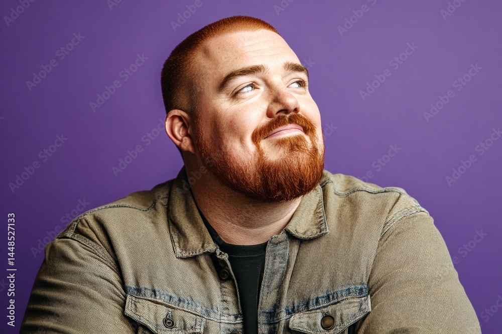Purple solid background. A peaceful man enjoying a relaxed studio shoot. Elegant men's buzz cut haircut - midlife white man with red hair. Concept art of style for aging men.