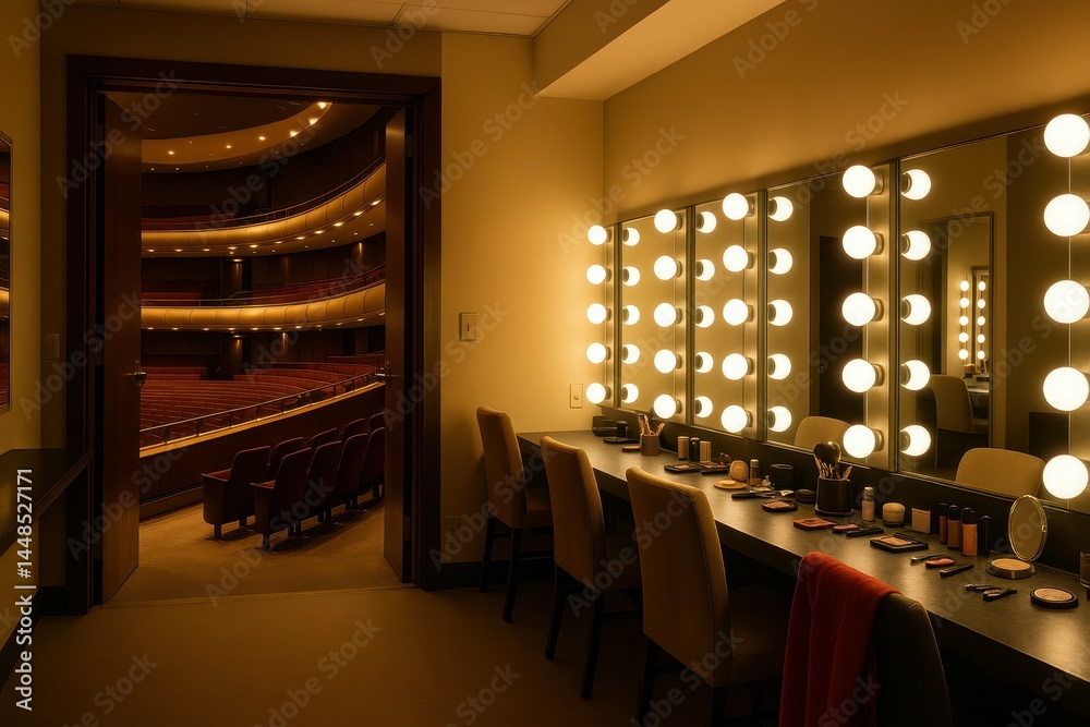 Elegant Dressing Room in Opera House with Makeup Mirrors and Lights