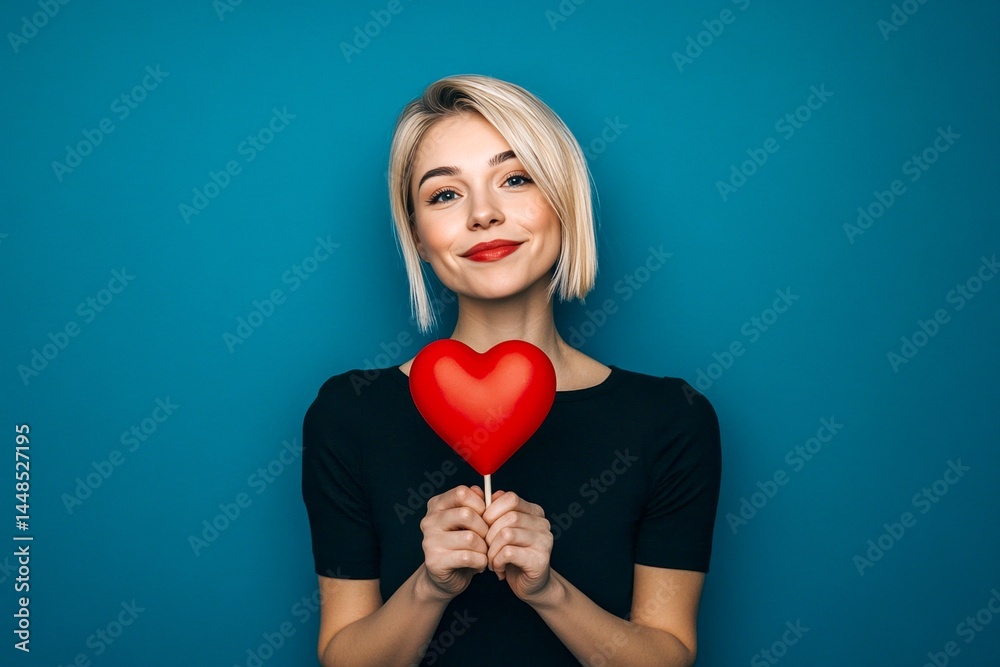 Isolated white adult woman on rich dark blue background with lollipop heart in hands. Professional studio snapshot, copyspace. Cute Valentine's Day greeting.
