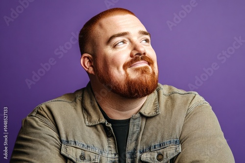 Obraz na płótnie Purple solid background. A peaceful man enjoying a relaxed studio shoot. Elegant men's buzz cut haircut - midlife white man with red hair. Concept art of style for aging men. w salonie