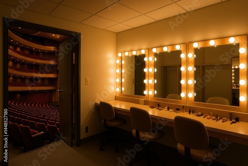 Elegant Opera Dressing Room with Bright Mirrors and Stage View