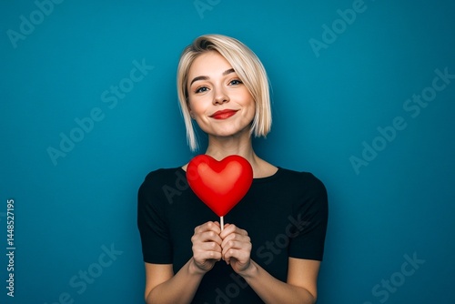Obraz na płótnie Isolated white adult woman on rich dark blue background with lollipop heart in hands. Professional studio snapshot, copyspace. Cute Valentine's Day greeting. w salonie