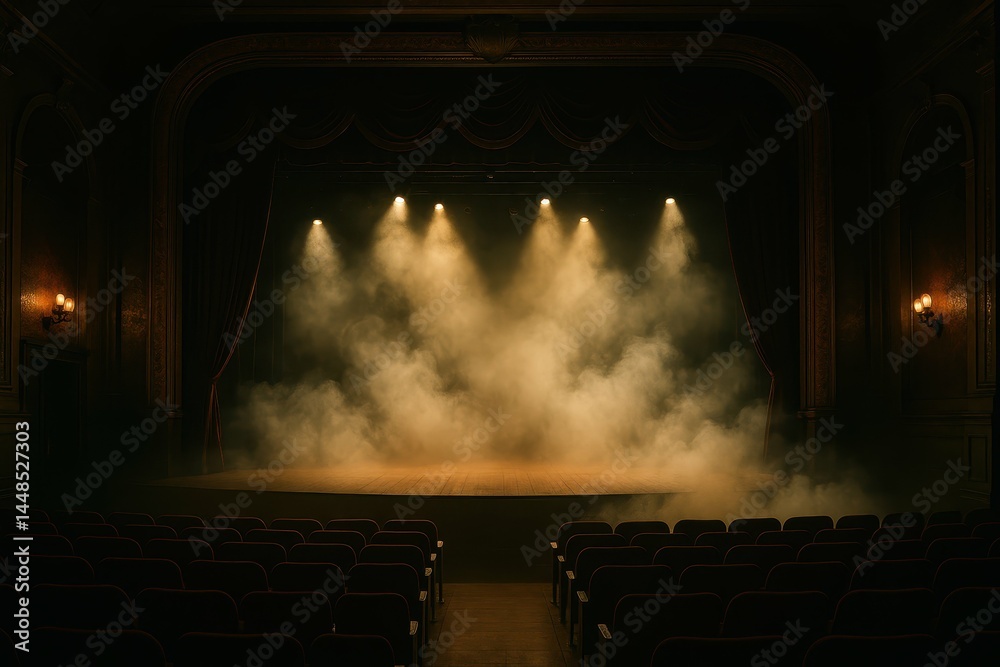 Vintage Theater Interior with Dramatic Lighting and Soft Fog