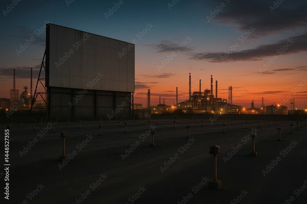 Desolate Industrial Landscape at Dusk with Abandoned Drive-In