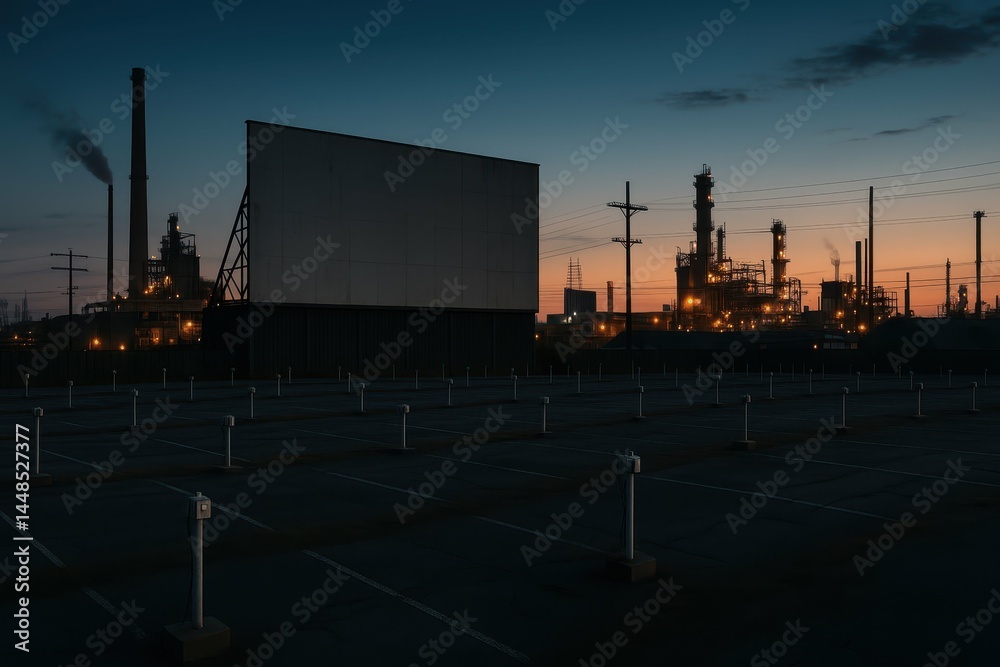 Desolate Drive-In at Dusk with Industrial Backdrop and Calm Sky
