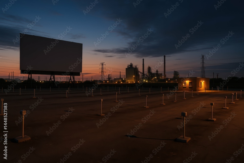 Desolate Drive-In at Dusk with Industrial Background