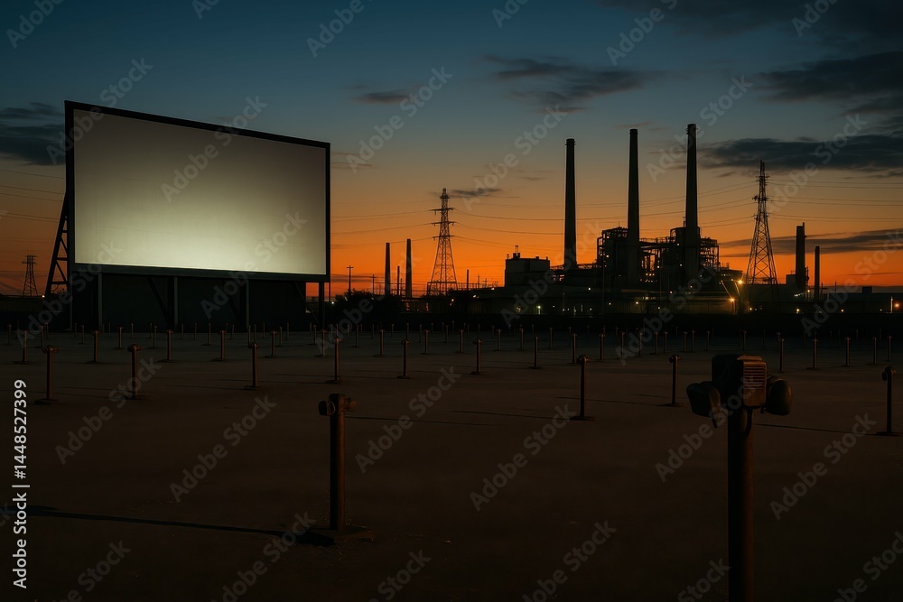 Desolate Drive-in Cinema at Dusk with Industrial Background