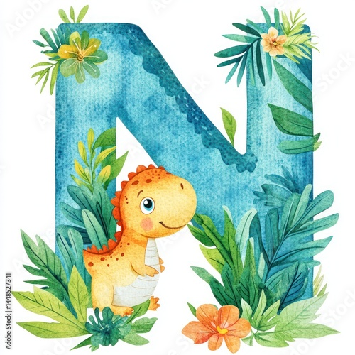 Watercolor abcd alphabet with dinosaur and leaf elements on white background – nursery wall art, preschool education, kids learning, fun animal poster for children concept.