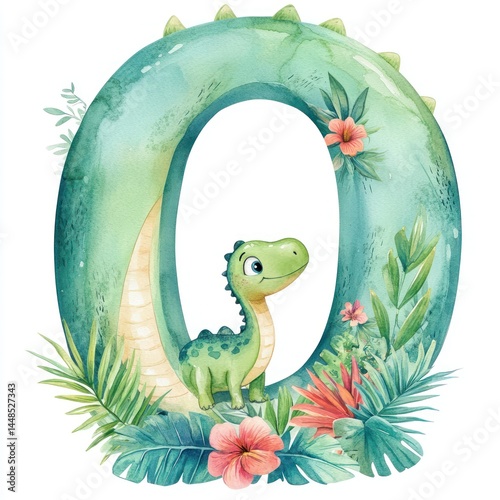 Watercolor abcd alphabet with dinosaur and leaf elements on white background – nursery wall art, preschool education, kids learning, fun animal poster for children concept.