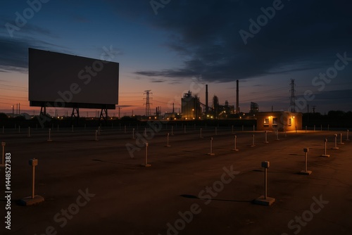 Desolate Drive-In at Dusk with Industrial Background