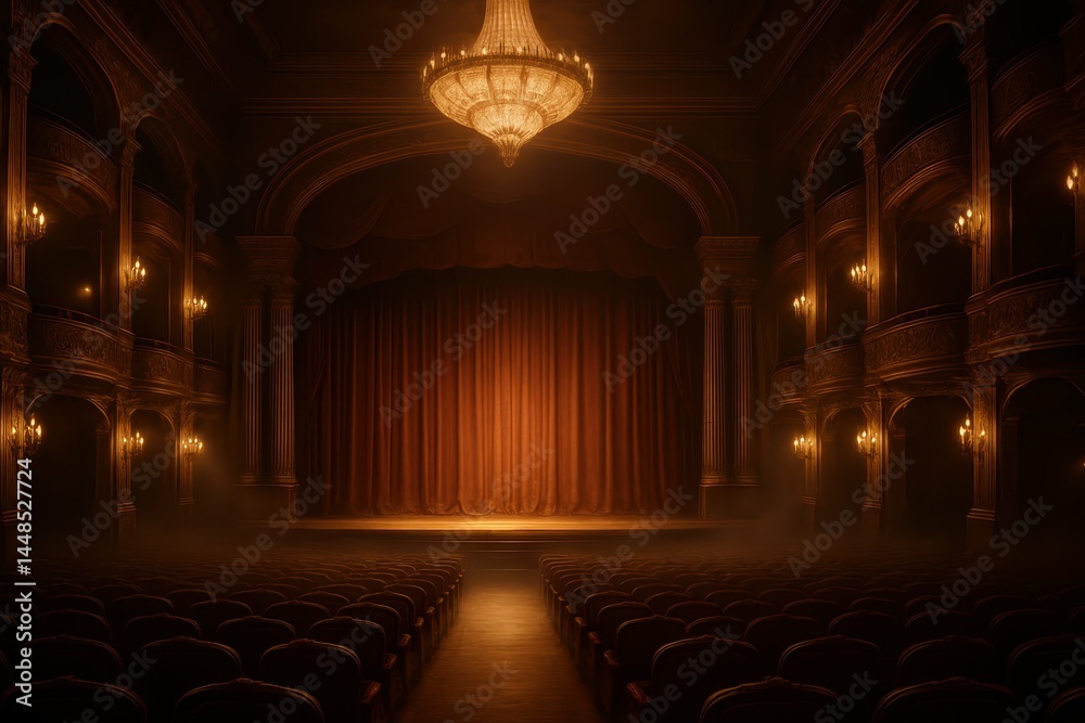 Majestic Palace Theatre Interior with Grand Chandelier and Curtain