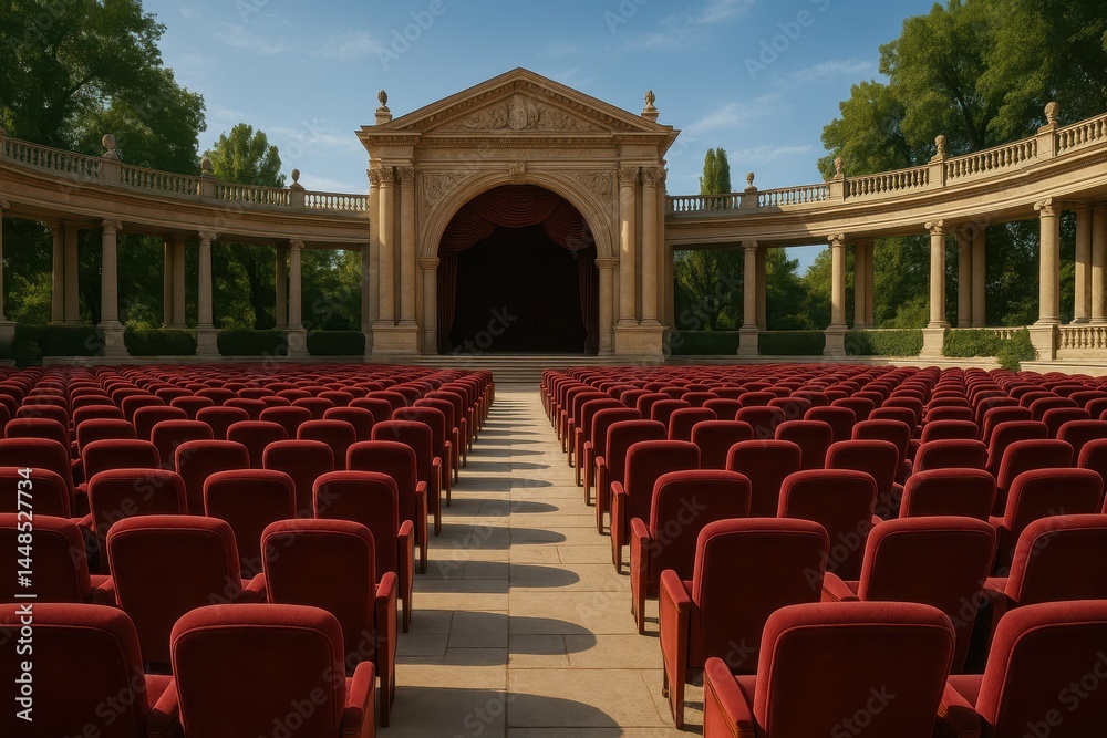 Grand Open-Air Theater with Red Seats Surrounded by Greenery