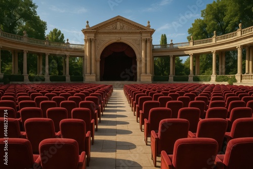 Obraz na płótnie Grand Open-Air Theater with Red Seats Surrounded by Greenery w salonie