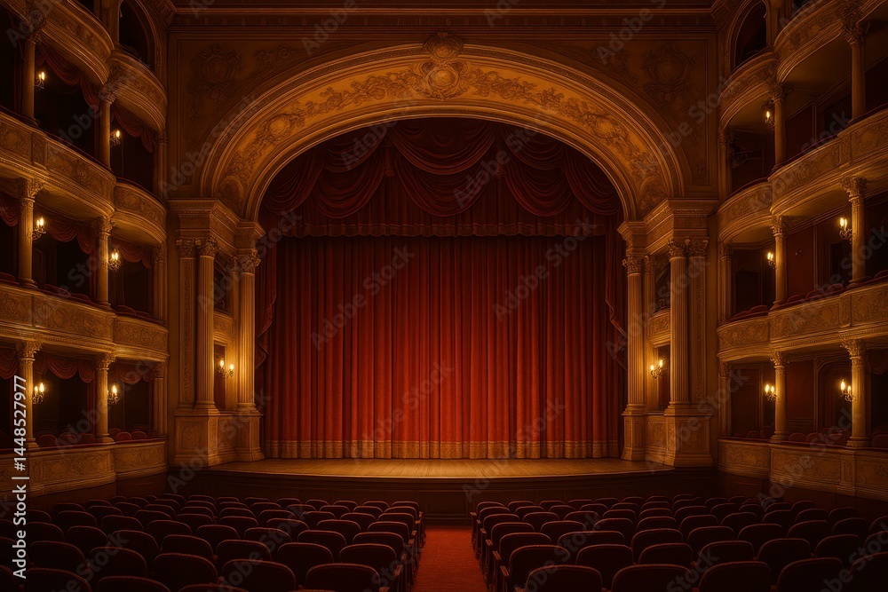 Elegant Vintage Theater Interior with Red Curtain and Seats