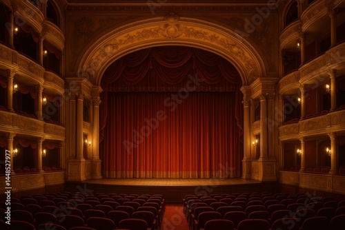 Elegant Vintage Theater Interior with Red Curtain and Seats