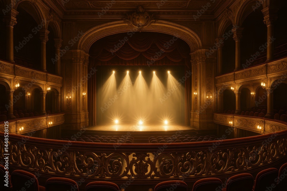 Opulent Theatre Interior with Elegant Balcony and Stage Lights
