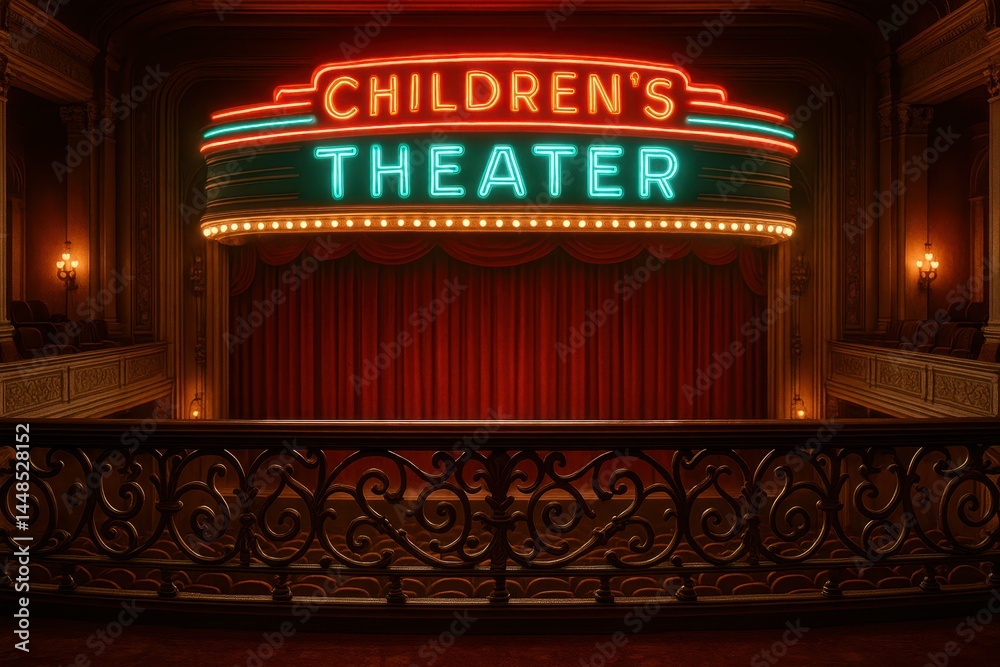 Vintage Children's Theater Balcony with Neon Sign and Curtain