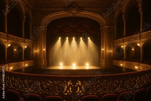 Obraz na płótnie Opulent Theatre Interior with Elegant Balcony and Stage Lights w salonie